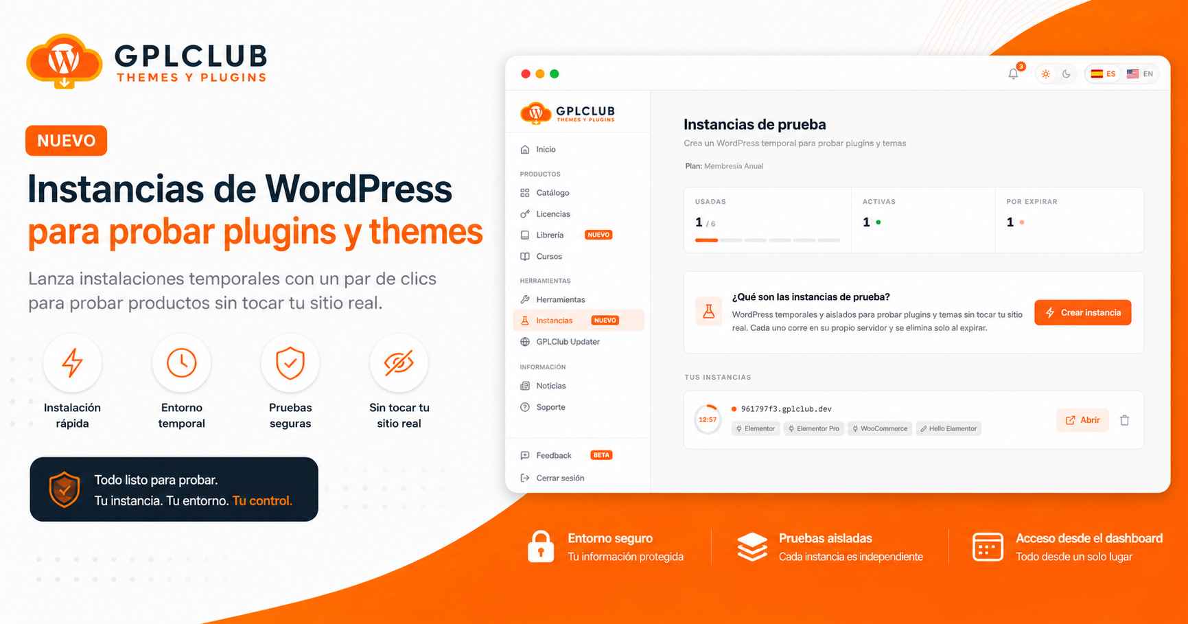 Nuevo: Instancias de prueba, crea un WordPress temporal en 1 clic 🚀