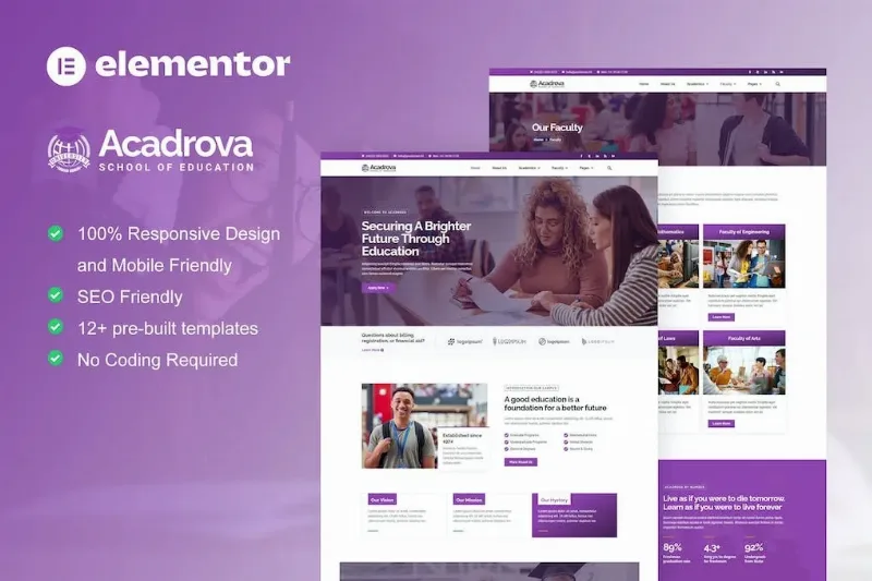 Acadrova – University & School Education Elementor Pro Template