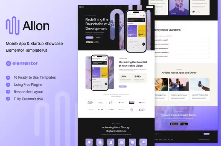 Allon – Mobile App & Startup Showcase Elementor Template