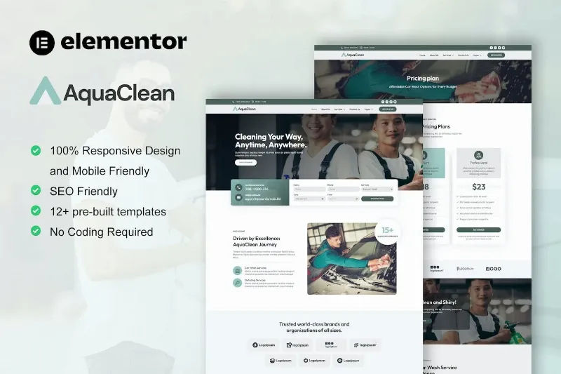 AquaClean – Car Washing & Cleaning Services Elementor Template