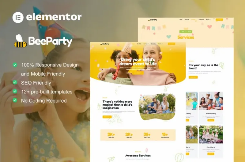 BeeParty – Kids Party Planner Elementor Template