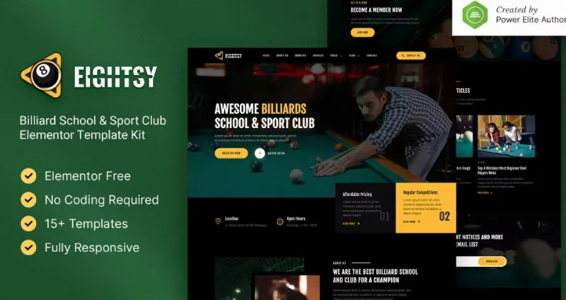 Eightsy – Billiard School & Sport Club Elementor Template
