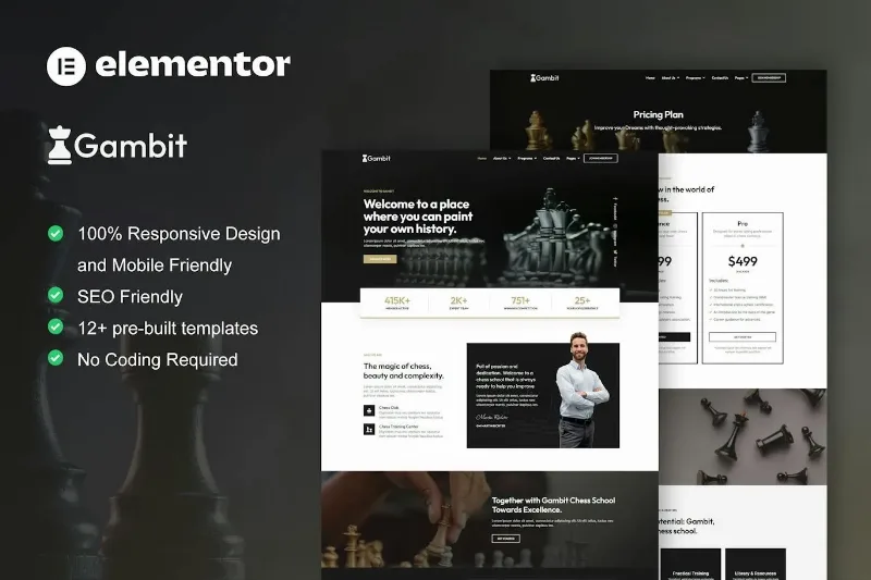 Gambit – Chess Club Courses & Training Elementor Template