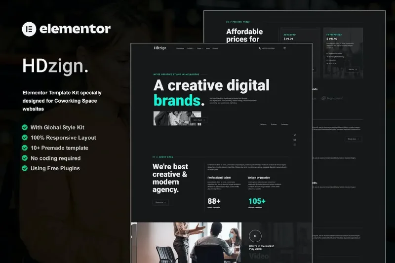 HDzign – Dark Digital Agency Elementor Template