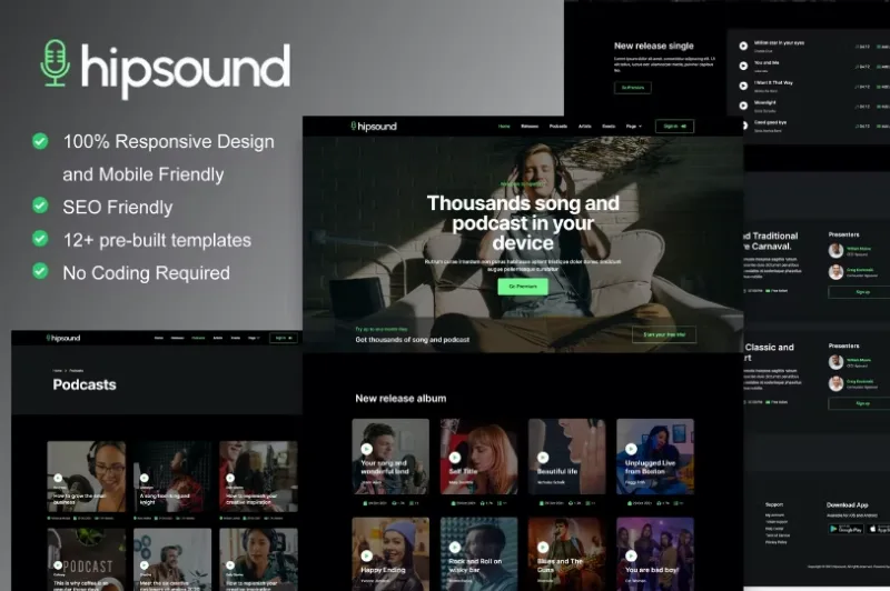 Hipsound – Music Streaming & Podcast Elementor Template