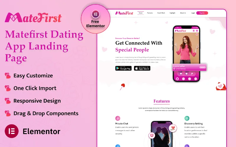 Matefirst Dating App Landing Page Elementor Kit