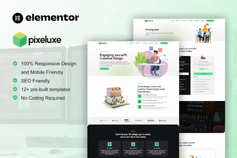 Pixeluxe – 3D Design Studio Elementor Pro Template