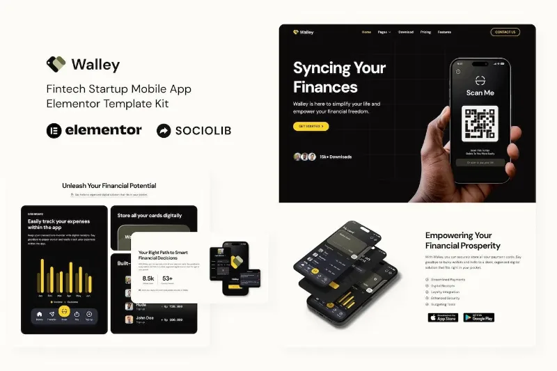 Walley – Fintech Startup Mobile App Elementor Template