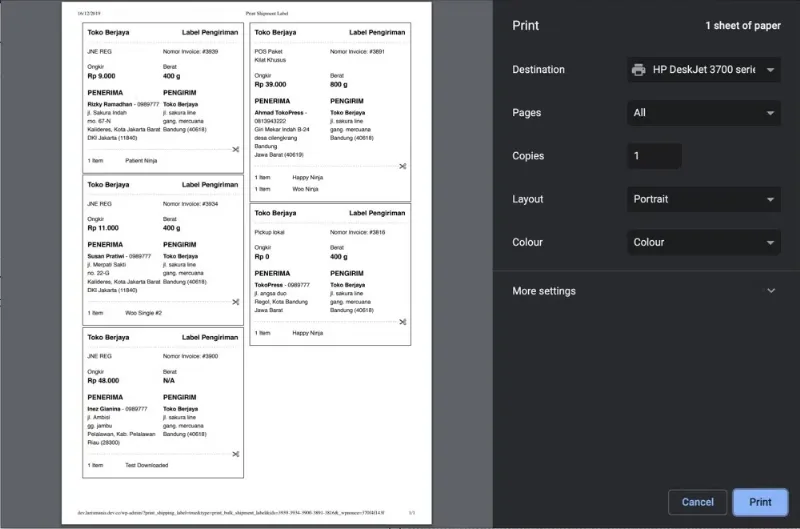 WooCommerce Print Label Shipping WordPress Plugin (TokoPressID)
